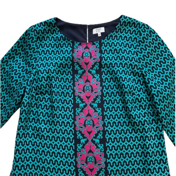 Crown & Ivy Dress Shift 3/4 Sleeve Geo Elephant Print Navy Turquoise Pink Size 8 - Picture 8 of 12